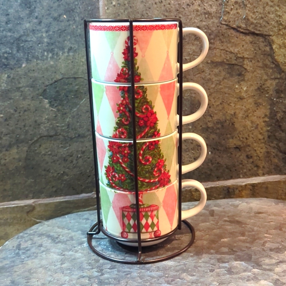 Pier 1 Imports Stacking Christmas Tree Mugs in Metal Stand